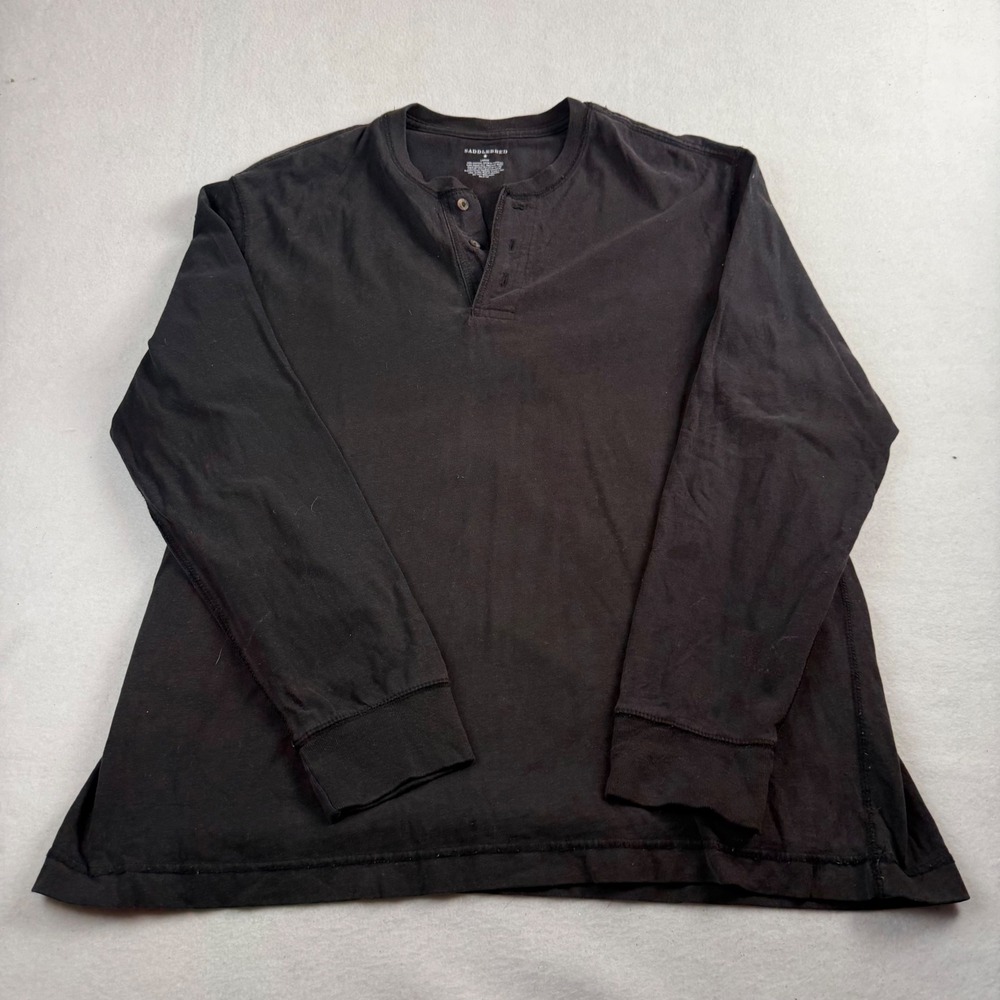 Saddlebred Mens Black Long Sleeve Henley Shirt 100% Cotton Large Solid Classic‎